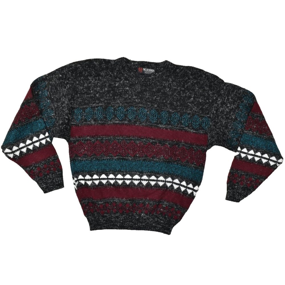 Vintage Scandia Men Pullover Sweater Abstract Geometric Knit Multi-Color Size S